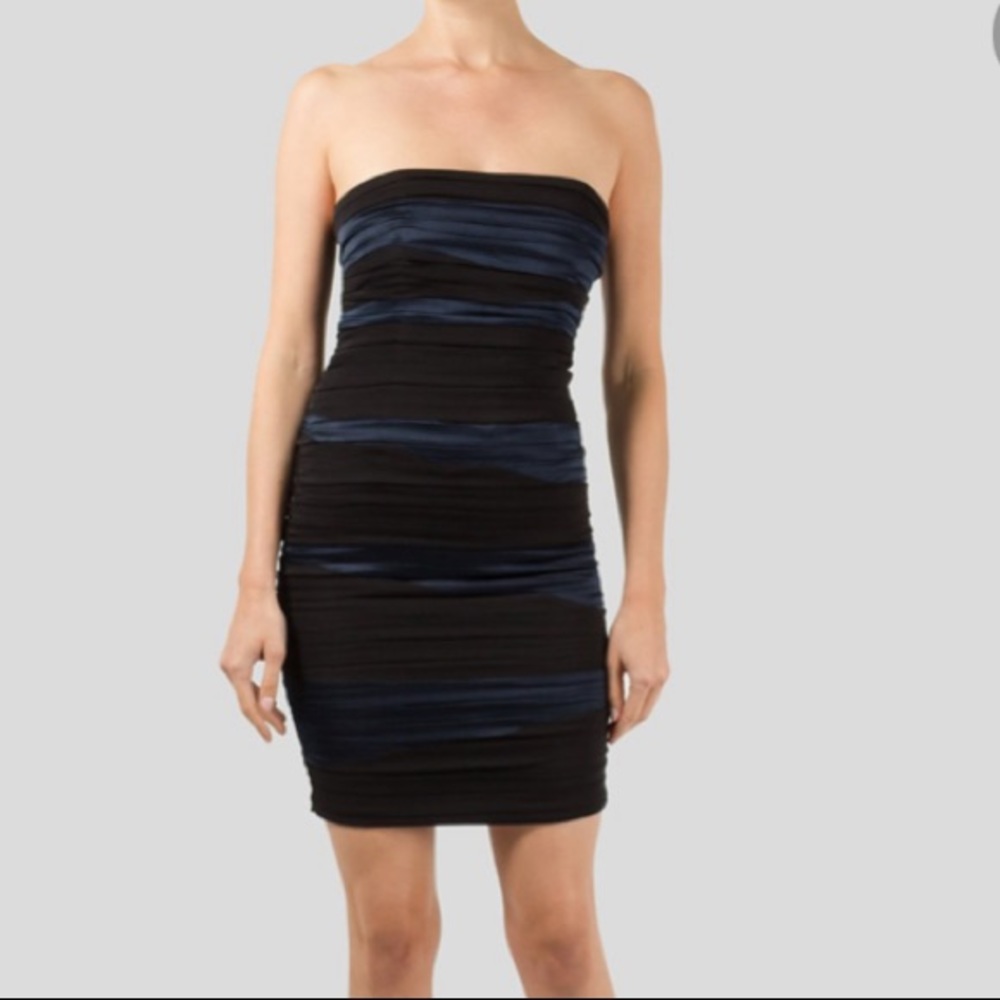 ALCIE + OLIVIA black and navy satin effect strapless mini dress